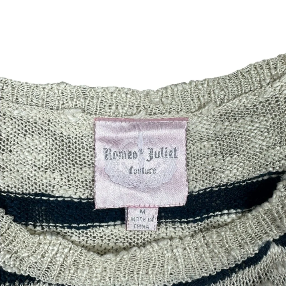 ROMEO & JULIET COUTURE: White & Navy Blue Striped Short Sleeve Sweater -Size Med